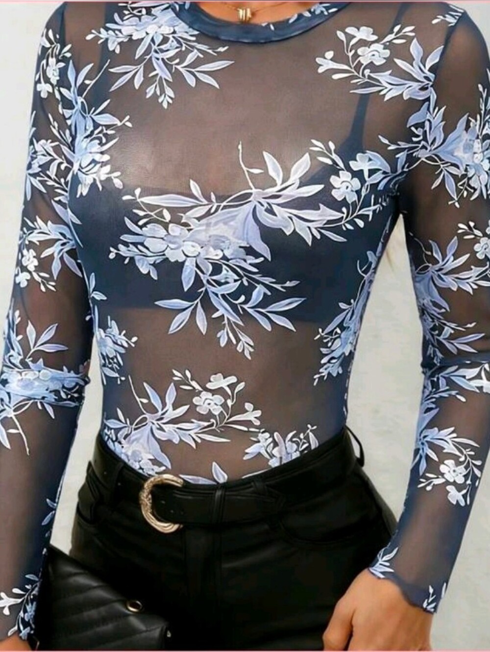 Sheer Navy Floral Mesh Long-Sleeve Top